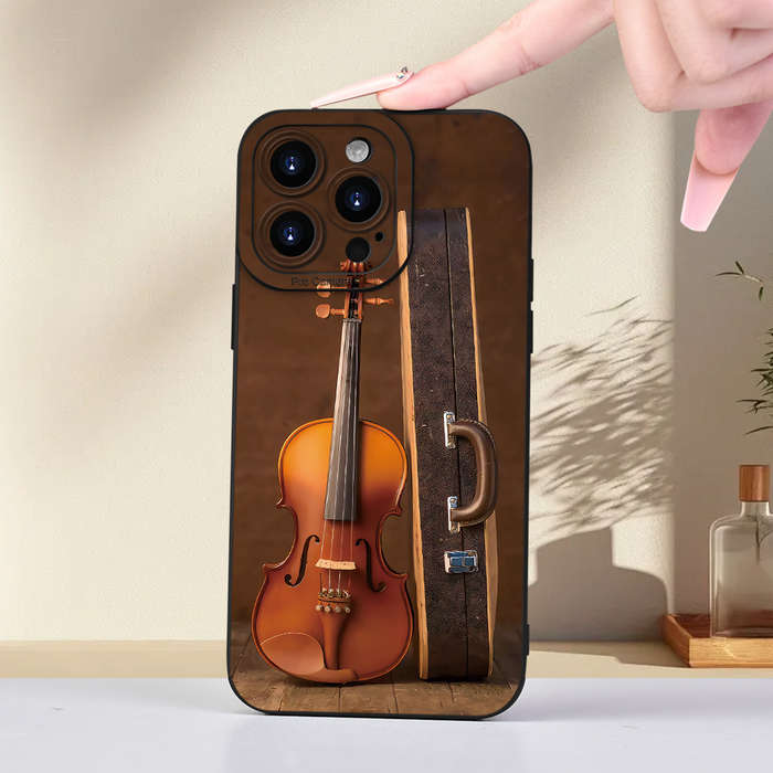 1Pc Black For iPhone 15 Pro Violin Print Phone Case