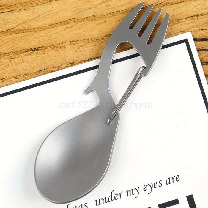 1pc Stainless Steel 3in1 Camping Utensil Fork Spoon Bottle Opener with Carabiner Clip for