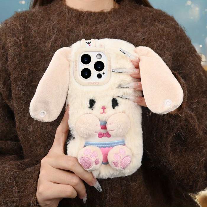 1Pc White For iPhone 15 Plush Big Eared Rabbit Phone Case