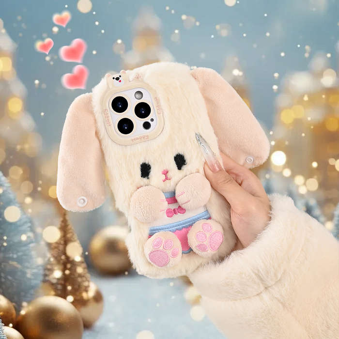 1Pc White For iPhone 15 Plush Big Eared Rabbit Phone Case
