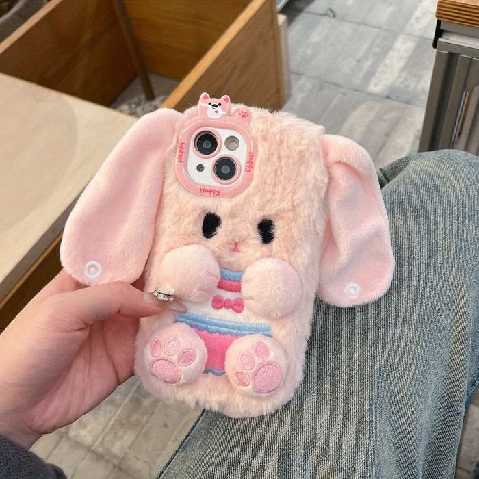 1Pc White For iPhone 15 Plush Big Eared Rabbit Phone Case