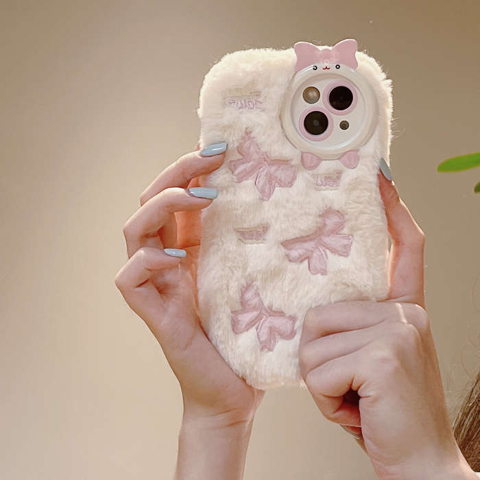 1Pc White For iPhone 11 Plush Bow Tie Pattern Phone Case