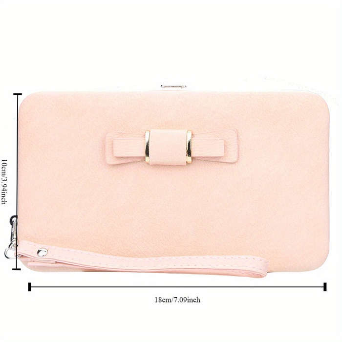1pc Elegant Faux Leather Phone Wallet with Bow Detail Card Slots Zipper Pocket and Wrist Str