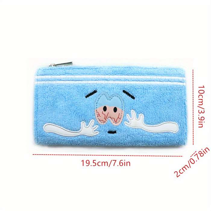 1pc Sky Blue Cartoon Plush Zip Wallet Large Capacity Card Holder with Smiling Face Design Soft S