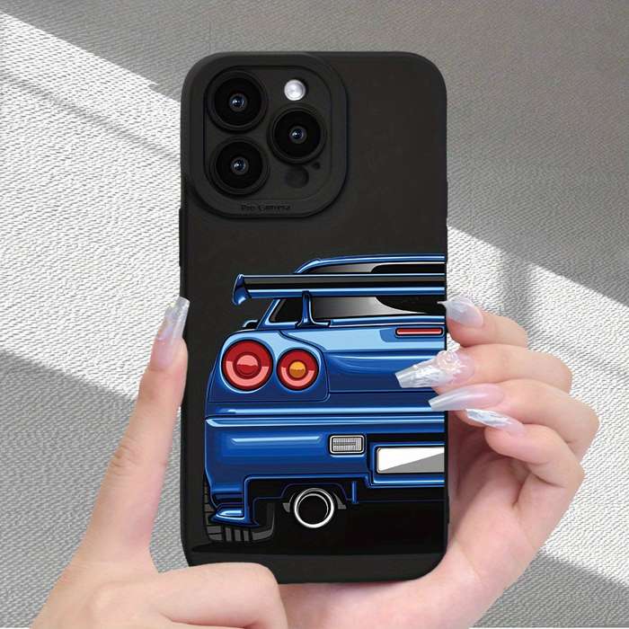 1Pc Black For iPhone 15 Plus Blue Sports Car Design Phone Case