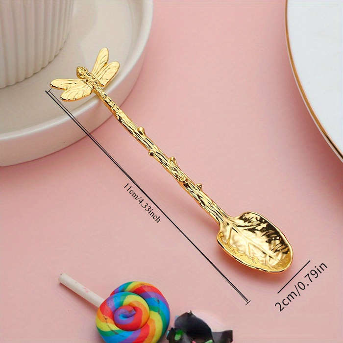 1pc Dessert Spoon In The Shape Of A Leaf With Dragonfly Branches And Leaves For Kitchen And
