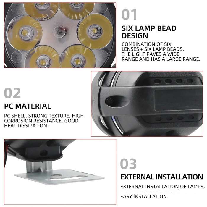 2pcs 12V LED Work Lights for Motorcycles Featuring 6 Leds Suitable for Various Uses