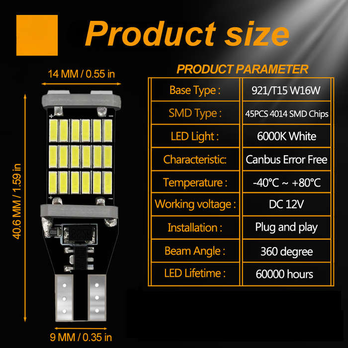 2pcs Amber LED Turn Signal Lamp Bulbs T15 W16W 921 912 T16 902 Super Bright 45 SMD