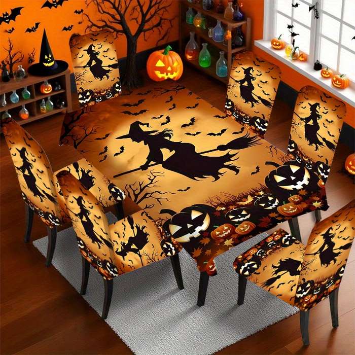 Halloween tablecloth decoration color 7 piece set 1 tablecloth add 6 chair covers size 241cm x 502cm