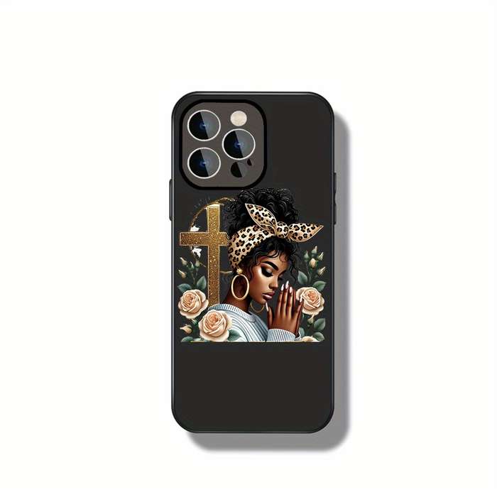 1Pc Black For iPhone 16 Plus Cross And Roses Phone Case
