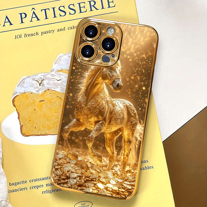 1Pc Golden For iPhone 15 Pro Max Golden Coin And Horse Phone Case
