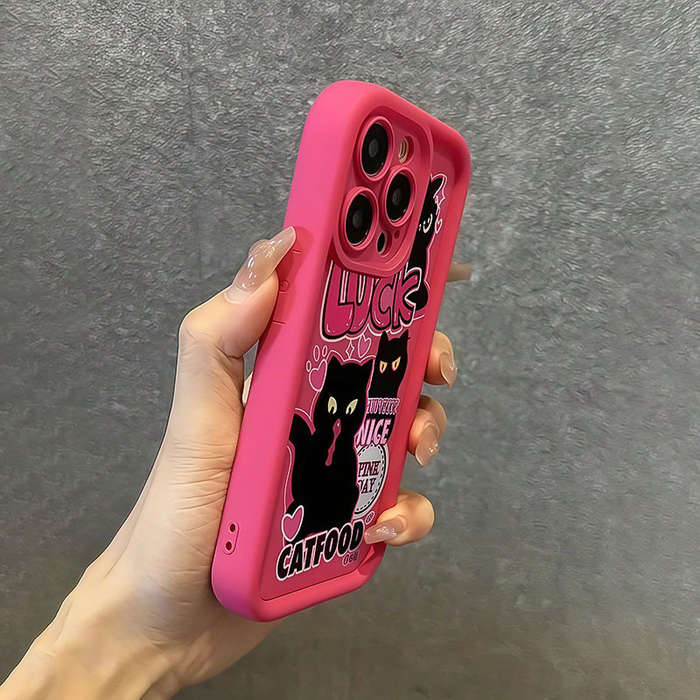 1Pc Rose Red For iPhone 14 Plus Heart And Black Cat Phone Case