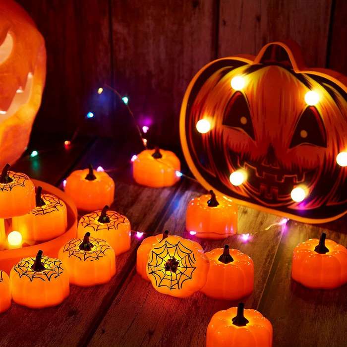 Halloween Decorations Style Pumpkin Tea Lights With Spider Quantity 12Pcs