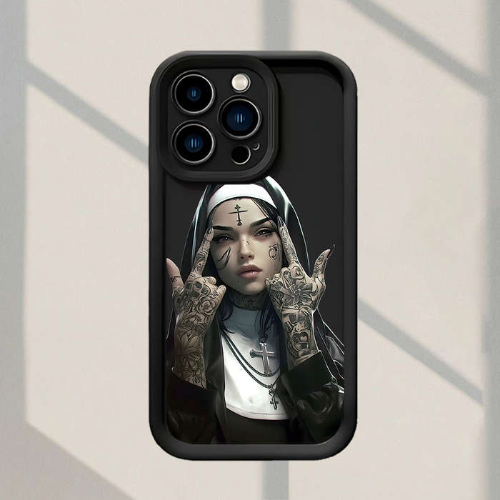1Pc Black For iPhone 15 Plus Beautiful Nun Pattern Phone Case