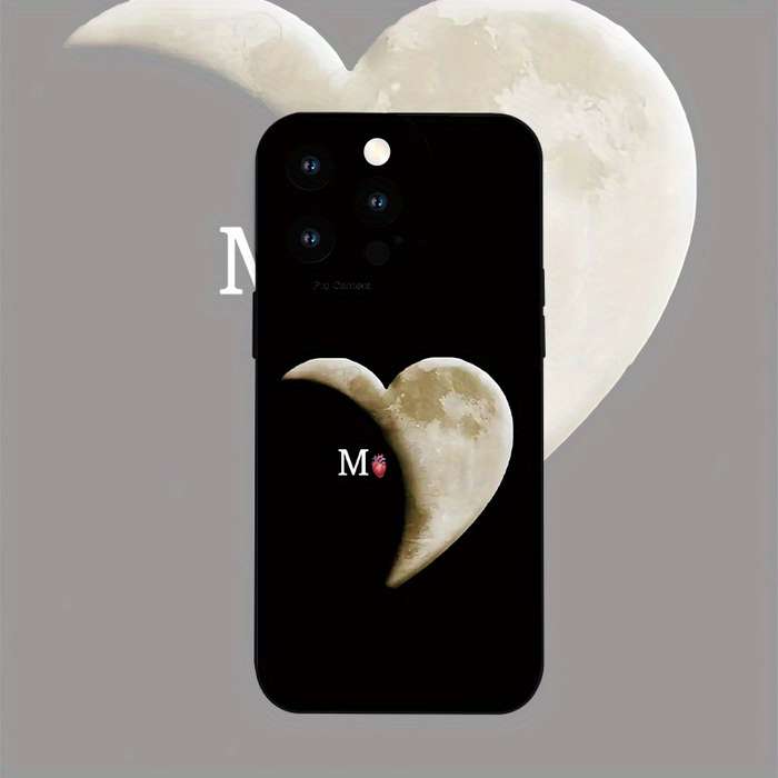 1Pc Black For iPhone 15 Plus Moon Letter M Pattern Phone Case