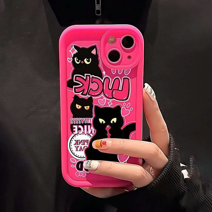 1Pc Rose Red For iPhone 14 Plus Heart And Black Cat Phone Case