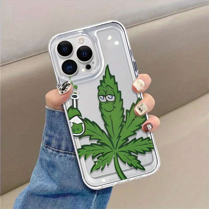 1Pc Transparent Black For iPhone 7 8 SE2 SE3 Green Leaf Pattern Phone Case
