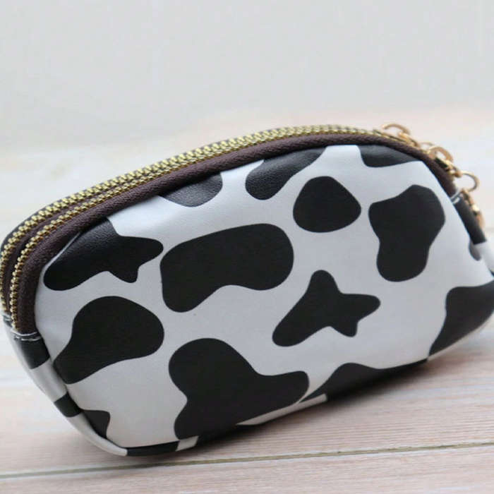 1pc Cow Print Double Zipper Large Capacity WalletDurable Polyester Coin Purse with Multiple Compa