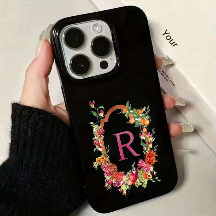 1Pc Black For iPhone 13 Pro Max Floral Letter R Design Phone Case