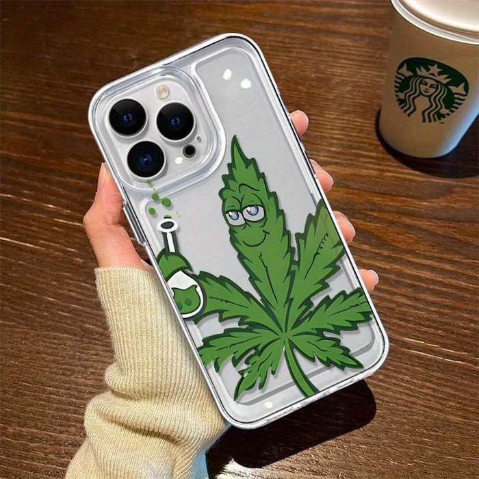 1Pc Transparent Black For iPhone 7 8 SE2 SE3 Green Leaf Pattern Phone Case