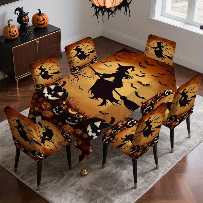 Halloween tablecloth decoration color 7 piece set 1 tablecloth add 6 chair covers size 241cm x 502cm