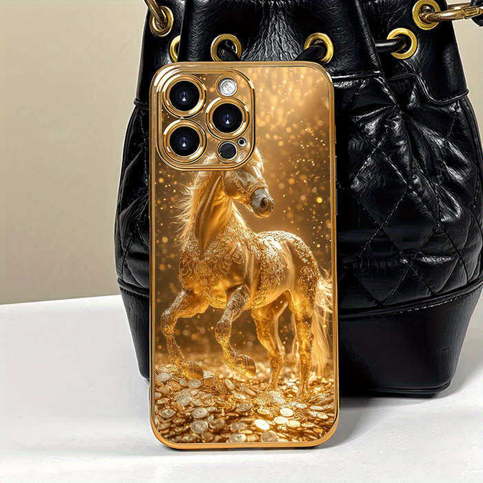 1Pc Golden For iPhone 15 Pro Max Golden Coin And Horse Phone Case