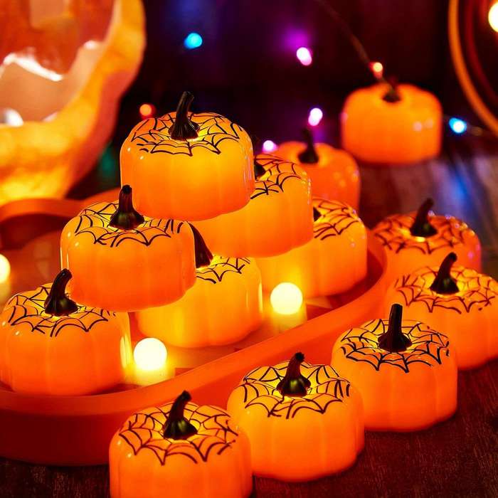 Halloween Decorations Style Pumpkin Tea Lights With Spider Quantity 12Pcs