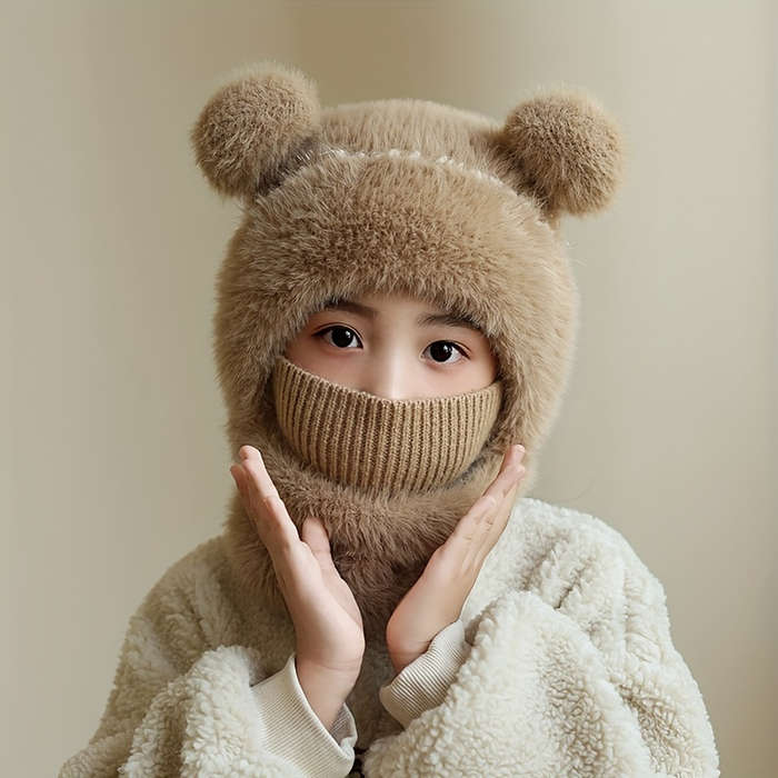 Winter Hat Applicable People Double Ball Plush Hat Scarf Mask Body Suit Hat   Pink
