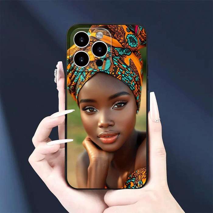 1Pc Black For iPhone 15 Pro Max African Woman Headwrap Mobile Phone Case