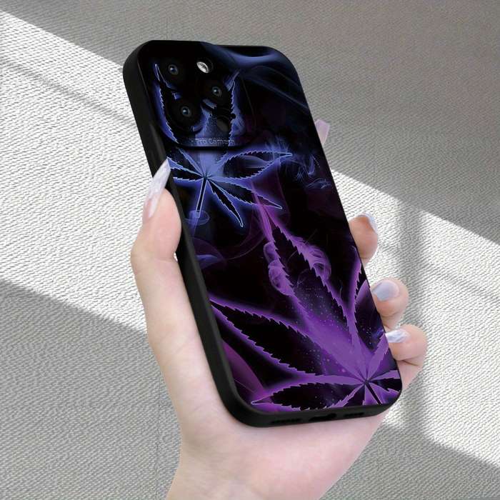 1Pc Black For iPhone 11 Purple Leaf Smoke Pattern Phone Case