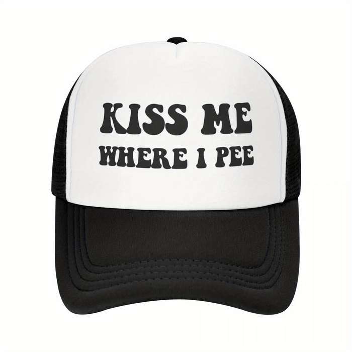 1pc Kiss Me Where I Pee Adjustable Breathable Baseball Cap Black with White Front Panel Polyes