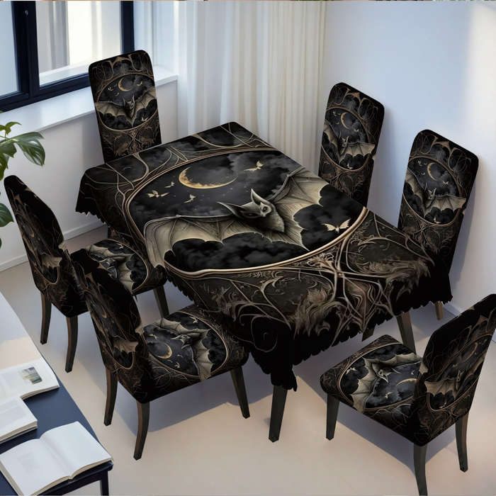 Halloween tablecloth decoration Moonlight Bat Seven piece set 1 tablecloth and 6 chair covers