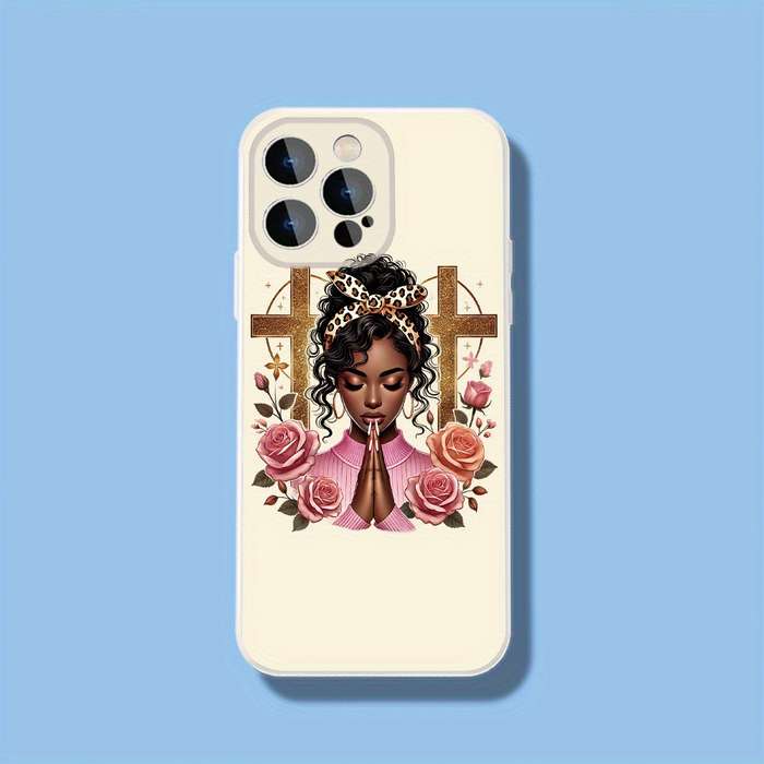1Pc Ivory White For iPhone 15 Plus Serene Prayer With Floral Blessings Phone Case