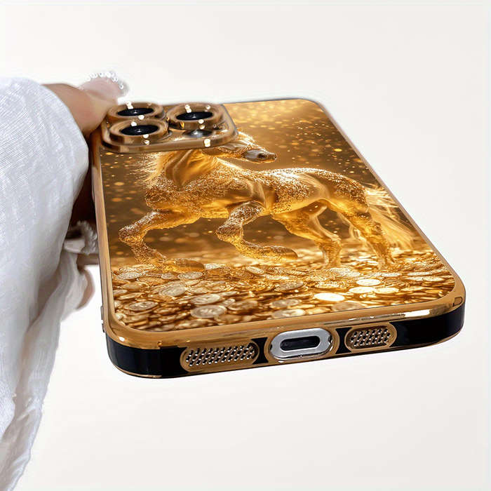 1Pc Golden For iPhone 15 Pro Max Golden Coin And Horse Phone Case