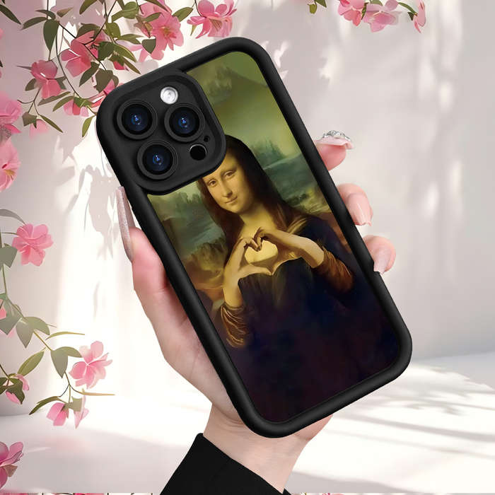 1Pc Black For iPhone 16 Love Mona Lisa Heart Phone Case