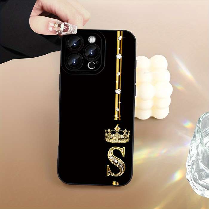 1Pc Black For iPhone 15 Plus Crown Diamond Letter S Phone Case