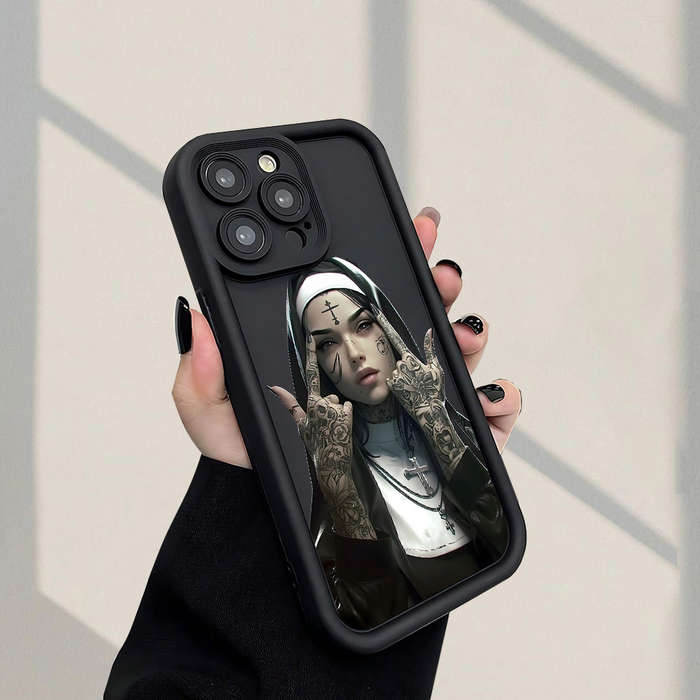 1Pc Black For iPhone 15 Plus Beautiful Nun Pattern Phone Case