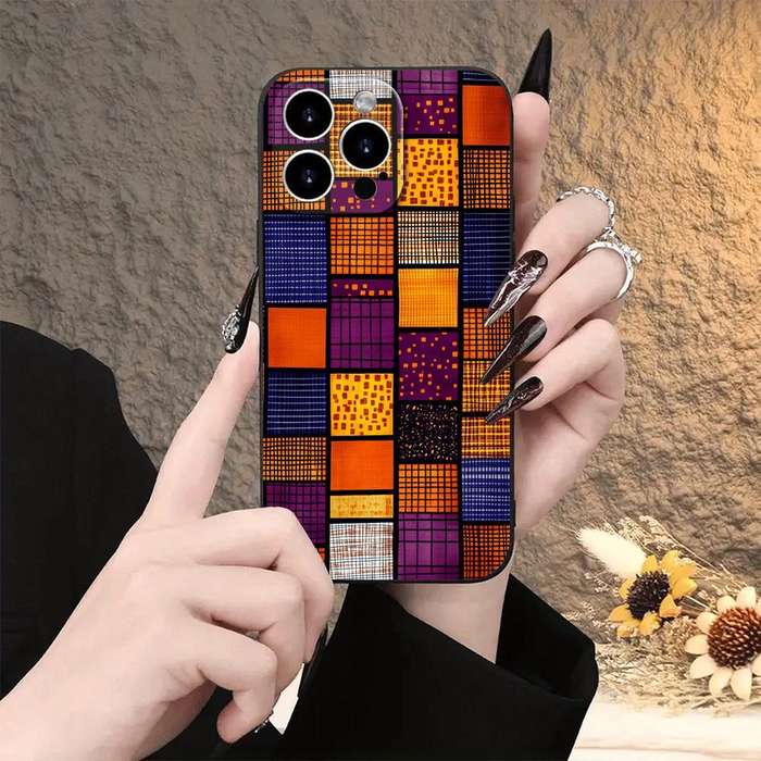 1Pc Black For iPhone 15 Plus Colorful African Fabric Phone Case