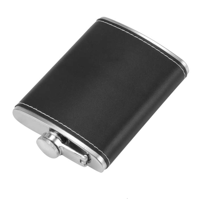 Pocket Hip Flask 8 Oz with Funnel Stainless Steel with Black Leather