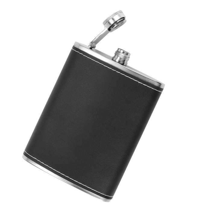 Pocket Hip Flask 8 Oz with Funnel Stainless Steel with Black Leather