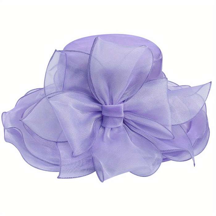 1pc Vintage Organza Sun Hat Solid Color Mesh Flower Decor Derby Hat Foldable Lightweight Travel Bea