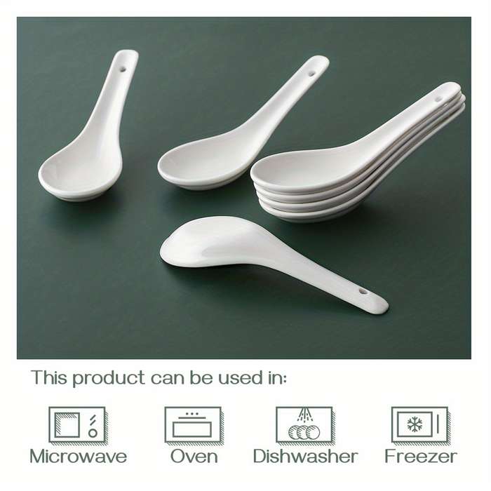 6pcs Ceramic Soup Spoons Set Multipurpose White Dessert Spoons for Vietnamese Pho Miso Wont