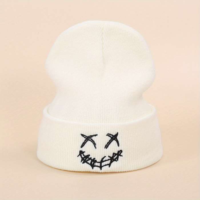 1pc Acrylic Knit Beanie with Embroidered joyful Design Casual Warm Ski Hat for Men Women and Te