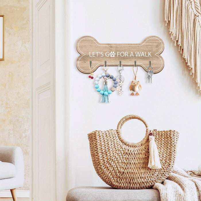 1pc Wooden Bone-Shaped Key Rack Wall Decor with 5 Hooks "LetS Go For A Walk". Ideal Gift for Dog L