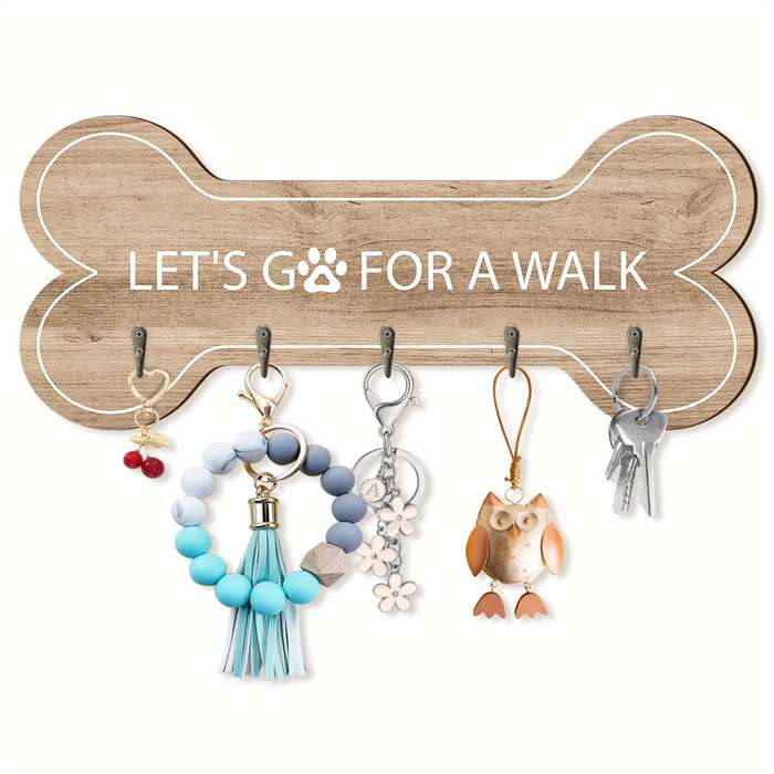 1pc Wooden Bone-Shaped Key Rack Wall Decor with 5 Hooks "LetS Go For A Walk". Ideal Gift for Dog L