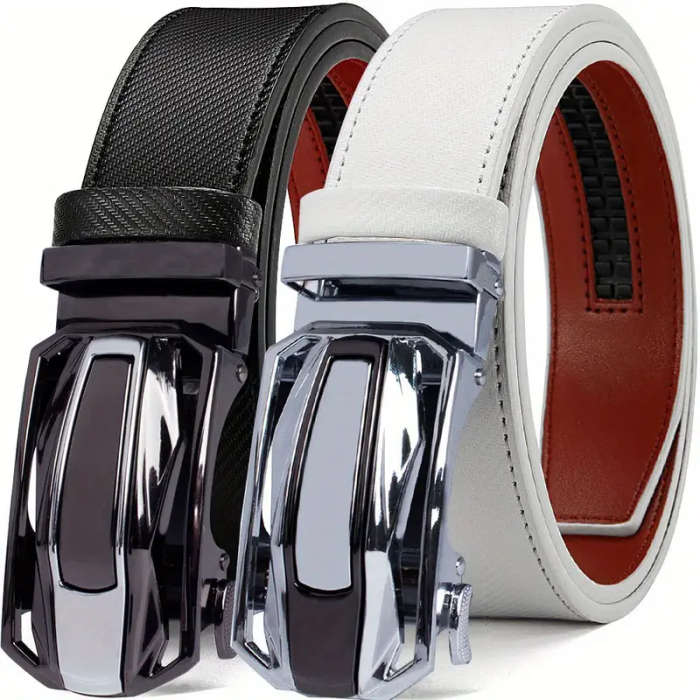 2 Men's Leather Automatic Buckle Belts Black+Tan 125CM