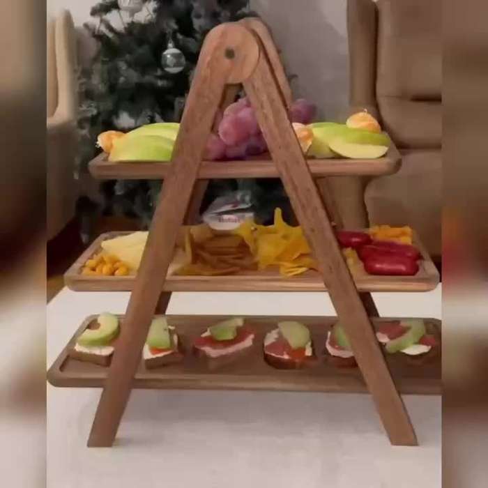3-Tier Wooden Serving Tray Acacia Hardwood No Power Required Kitchen Organizer Buffet Displ