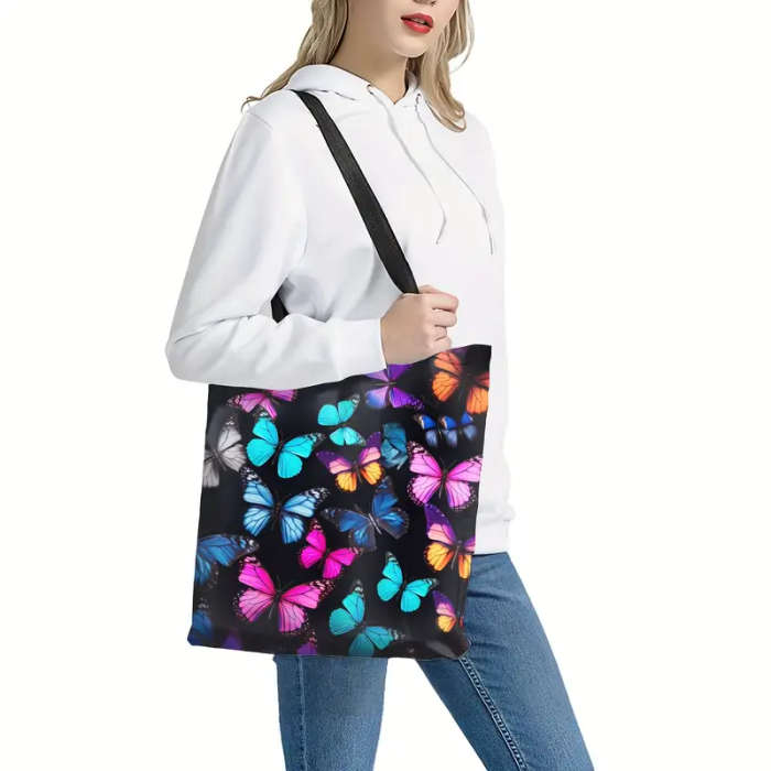 1pc Chic Butterfly Print Canvas Tote Bag Large Capacity Durable Washable Shoulder Bag for Women Perf