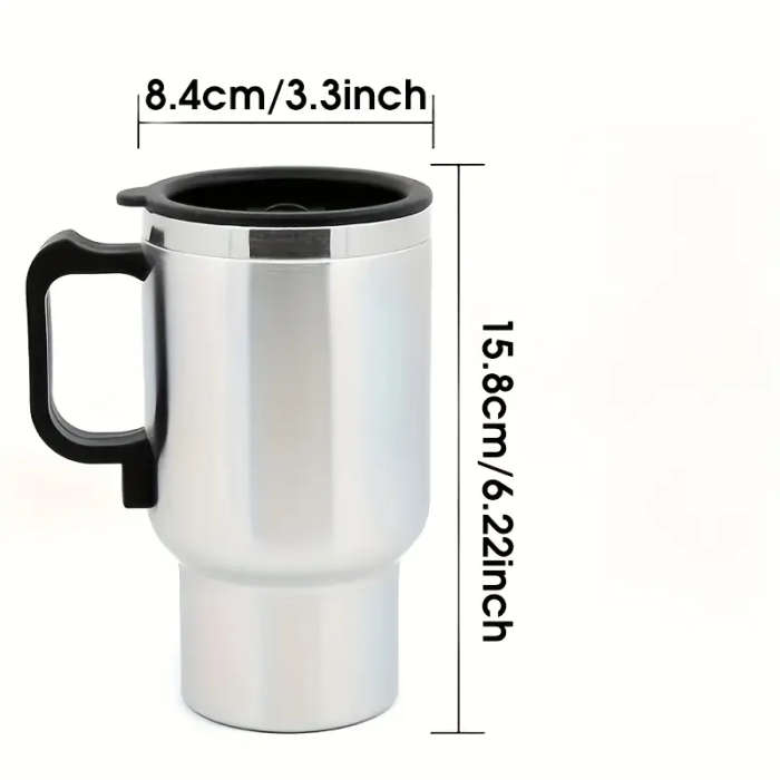 1pc Durable Stainless Steel Car Electric Heating Cup with Black Handle and Lid 12V/24V