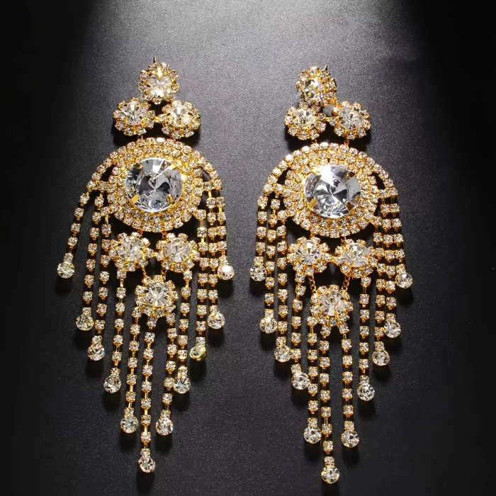 Exaggerated Full-Studded Sparkling Rhinestone Pendant Earrings